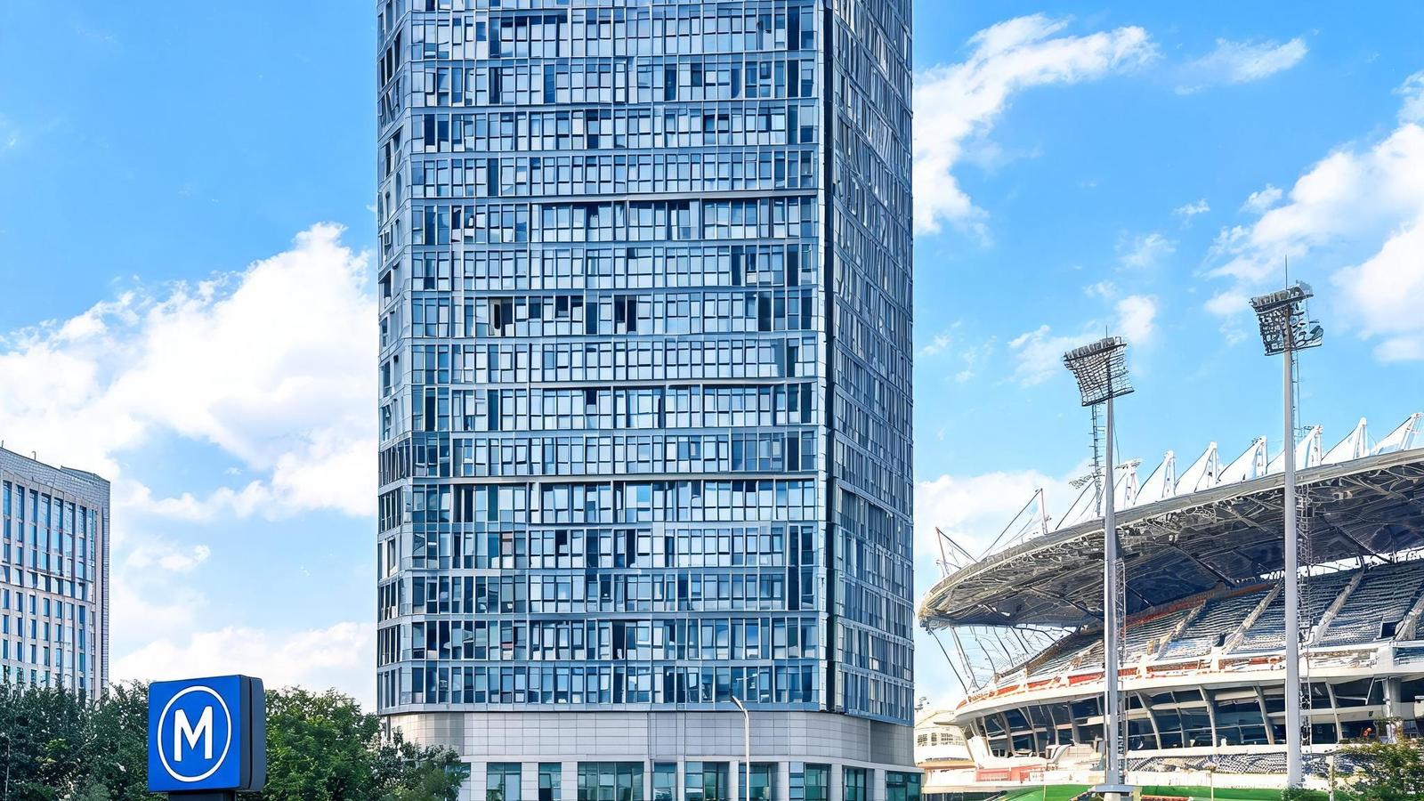 球探体育位于北京朝阳区的办公大楼，周边有地铁和体育场馆
