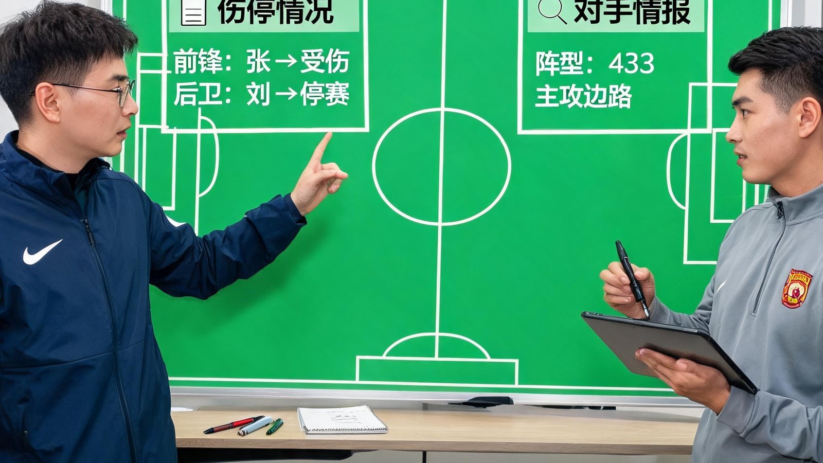 足球分析师在战术板前讨论赛前情报和球员伤停情况