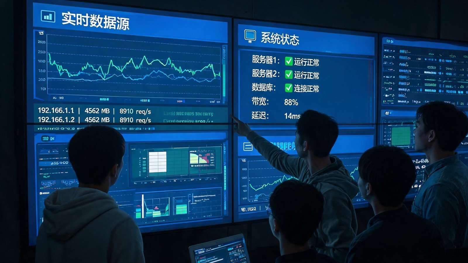 技术团队在大屏幕前监控实时数据流和系统状态